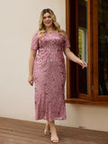 Plus Size Sequin Wedding Guest Dress with Short Sleeves