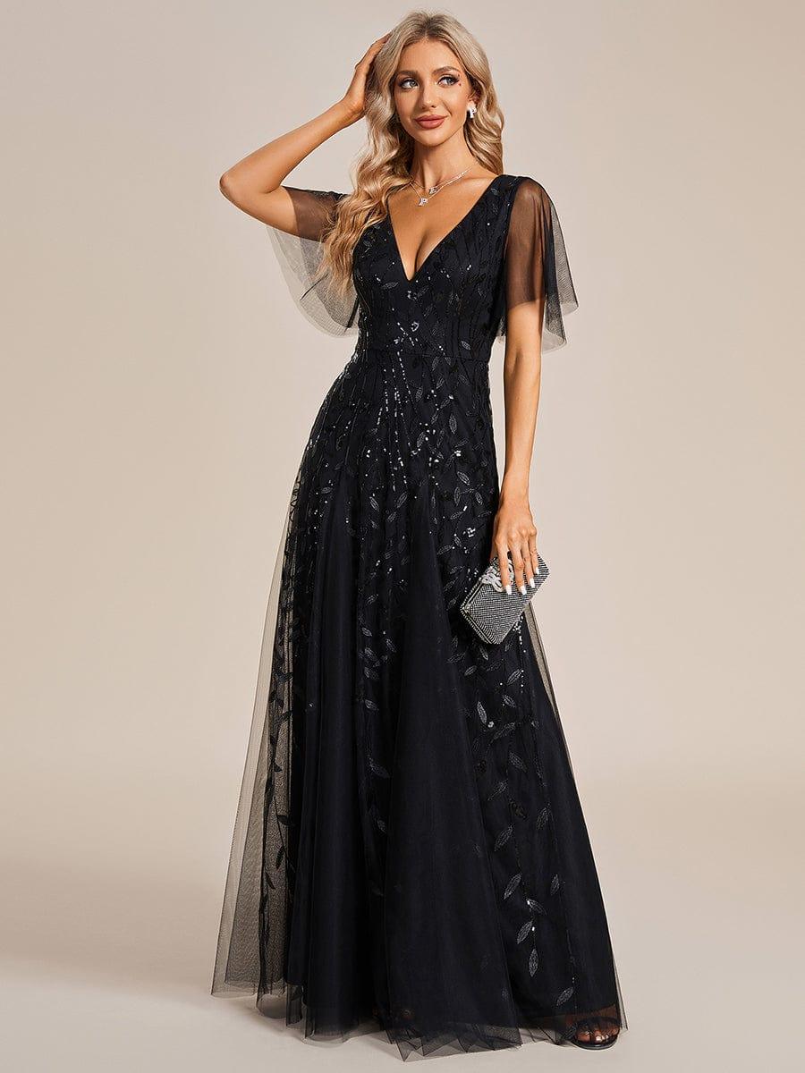 Elegant Black Sequin Evening Dress with Ruffle Sleeves#color_Black