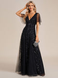 Elegant Black Sequin Evening Dress with Ruffle Sleeves#color_Black
