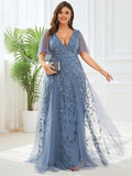 Plus Size V-Neck Lace Applique A-Line Evening Dress #color_Dusty Blue