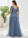 Plus Size Applique Tulle Floor Length Formal Gowns #color_Dusty Blue
