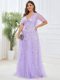 Plus Size V-Neck Lace Applique A-Line Evening Dress