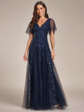 Elegant Black Sequin Evening Dress with Ruffle Sleeves #color_Navy Blue