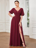 Elegant Chiffon Slit A-Line Evening Dress with Flutter Sleeve