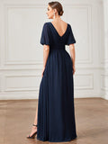 Elegant Chiffon Slit A-Line Evening Dress with Flutter Sleeve