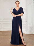 Elegant Chiffon Slit A-Line Evening Dress with Flutter Sleeve
