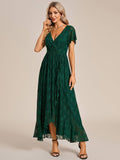 Elegant V-Neck Lace Ruffle Slit Evening Dress#color_Dark Green
