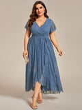 Plus Size V-Neck Ruffled Lace High-Low Wedding Guest Dress