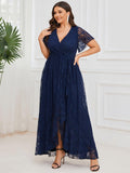 Plus Size Elegant Navy Blue Lace High-Low Evening Dress#color_Navy Blue