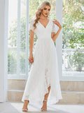 Elegant V-Neck Lace Ruffle Slit Evening Dress #color_White