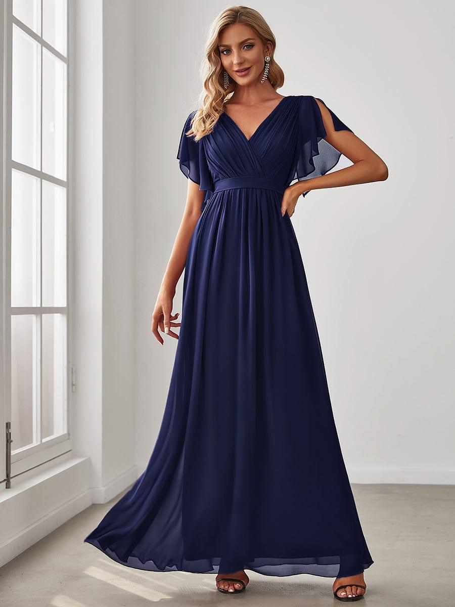 Burnt Orange A-Line Pleated Formal Dress with Belt #color_Navy Blue