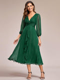 Elegant Sky Blue V-Neck Twist Knot Sleeve Formal Dress#color_Dark Green