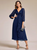 Glitter Champagne Ruffle Evening Dress with Long Sleeve #color_Navy Blue