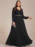 Plus Size V-Neck Chiffon A-Line Evening Dress with Long Sleeves