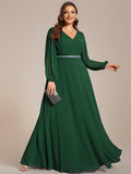 Plus Size V-Neck Chiffon A-Line Evening Dress with Long Sleeves