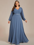 Plus Size V-Neck Chiffon A-Line Evening Dress with Long Sleeves