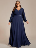 Plus Size V-Neck Chiffon A-Line Evening Dress with Long Sleeves