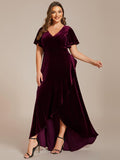 Plus Size V-Neck Short Sleeves Ruffle Velvet Evening Dress