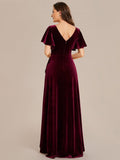 V-Neck Short Sleeves Velvet Evening Dress with Ruffle Hem