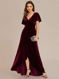 V-Neck Short Sleeves Velvet Evening Dress with Ruffle Hem