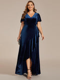 Plus Size V-Neck Short Sleeves Ruffle Velvet Evening Dress
