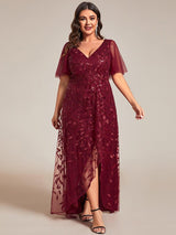 Plus Size V-Neck Sequin High Low A-Line Formal Evening Dress