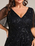 Plus Size V-Neck Sequin High Low A-Line Formal Evening Dress