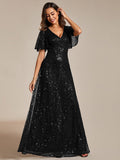 Sparkly V-Neck Sequin Short Sleeves Evening Dress
