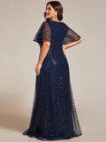 Plus Size V-Neck Sequin Short Sleeves Evening Dress