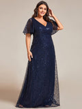 Plus Size V-Neck Sequin Short Sleeves Evening Dress