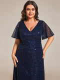 Plus Size V-Neck Sequin Short Sleeves Evening Dress