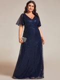Plus Size V-Neck Sequin Short Sleeves Evening Dress
