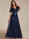 Sparkly V-Neck Sequin Short Sleeves Evening Dress