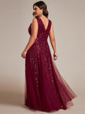 Plus Size V-Neck Sequin A-Line Tulle Formal Evening Dress