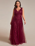 Plus Size V-Neck Sequin A-Line Tulle Formal Evening Dress