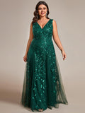 Plus Size V-Neck Sequin A-Line Tulle Formal Evening Dress