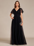 Stunning V-Neck Sequin Top A-Line Tulle Evening Dress