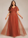 Plus Size V-Neck Sequin Top A-Line Tulle Evening Dress