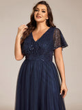 Plus Size V-Neck Sequin Top A-Line Tulle Evening Dress