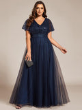 Plus Size V-Neck Sequin Top A-Line Tulle Evening Dress