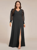 Plus Size V-Neck Chiffon Evening Dress with Long Lace Sleeves
