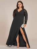 Plus Size V-Neck Chiffon Evening Dress with Long Lace Sleeves