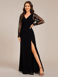 V-Neck Chiffon Slit Evening Dress with Long Lace Sleeves