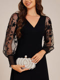 V-Neck Chiffon Slit Evening Dress with Long Lace Sleeves