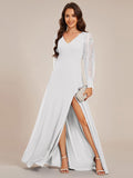 V-Neck Chiffon Slit Evening Dress with Long Lace Sleeves