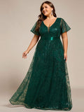 Plus Size V-neck Sequin A-Line Long Formal Dress