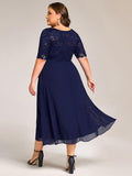 Plus Size Round Neck Lace A-Line Formal Dress with Slit