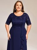 Plus Size Round Neck Lace A-Line Formal Dress with Slit