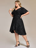 Plus Size Glitter Black Ruffle Hi-Low Formal Dress