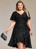 Plus Size Glitter Black Ruffle Hi-Low Formal Dress